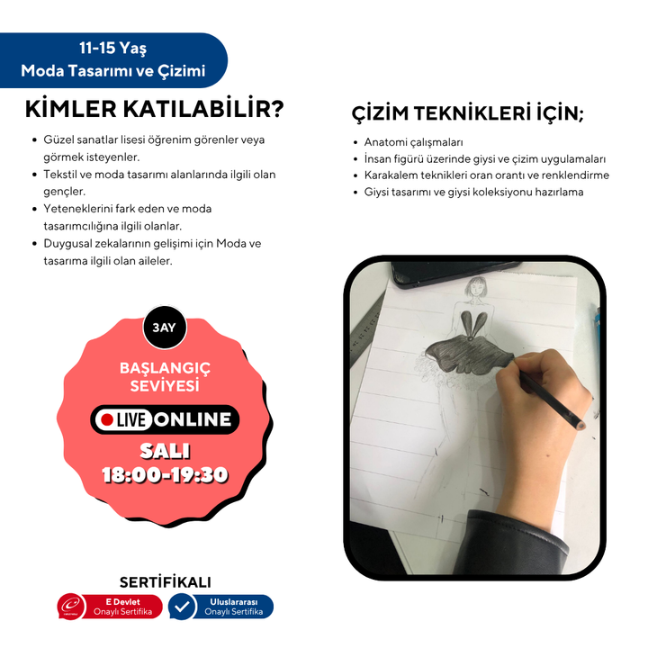 Moda (11-15 Yaş'a Özel)-Kıyafet Tasarım,Aksesuar,Temel Kalıp ( Online)