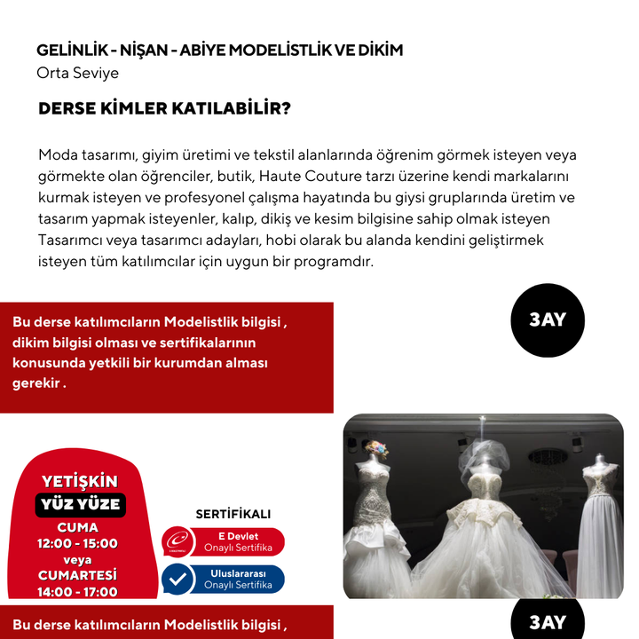 Gelinlik-Nişan-Abiye Elbise Modelistlik Ve Dikim  (Orta Seviyesi)