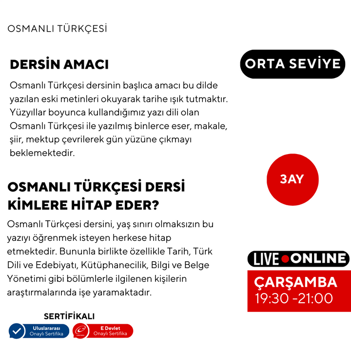 Ottoman Turkish (Online) Intermediate Level