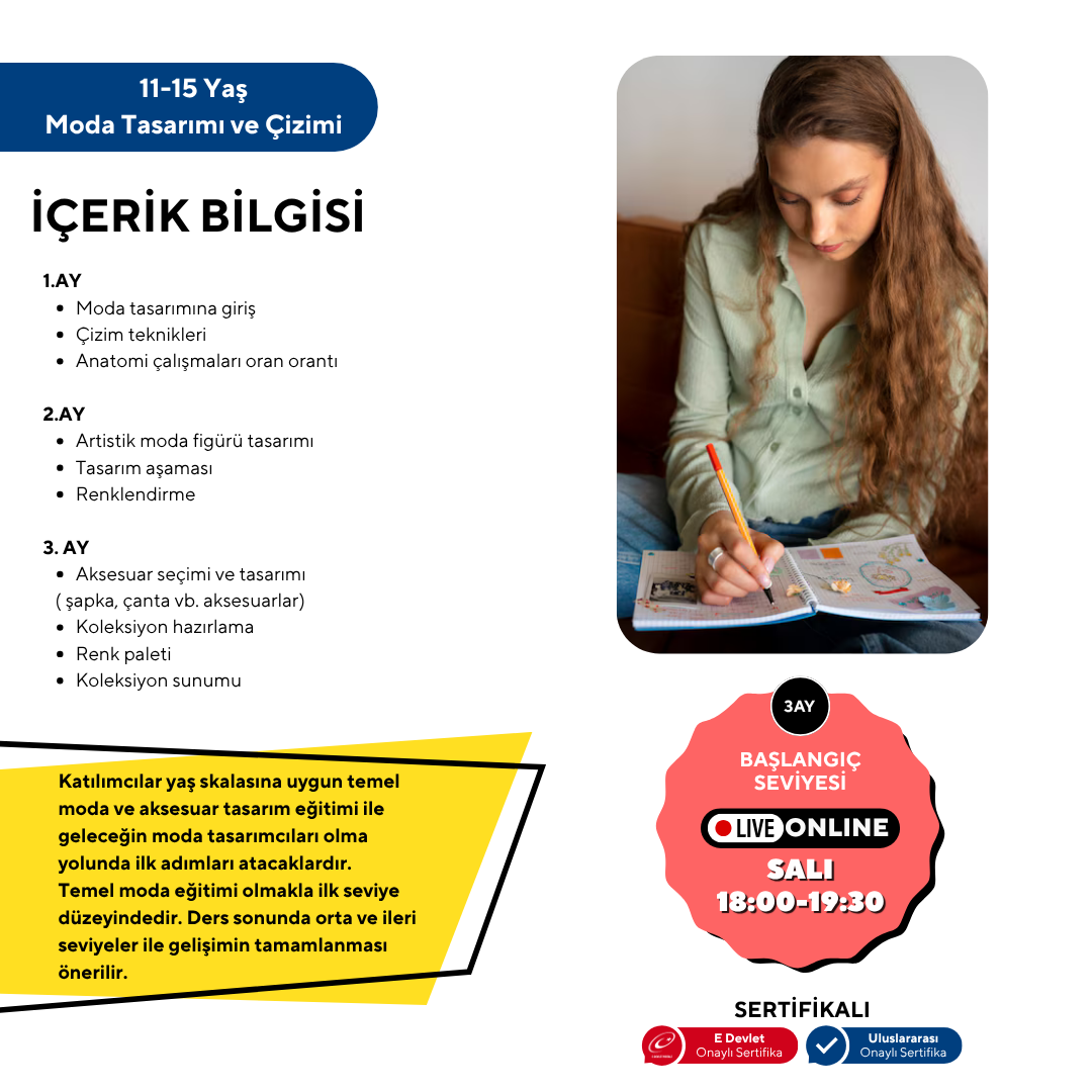 Moda (11-15 Yaş'a Özel)-Kıyafet Tasarım,Aksesuar,Temel Kalıp ( Online)