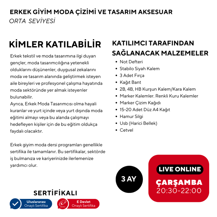 Erkek Giyim Moda Çizimi ve Tasarım Aksesuar -Orta Seviye